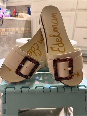 Sam Edelman Cream Slide Sandals with Tortoiseshell Buckles
